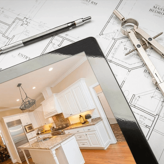 A tablet with an image of a kitchen on it.