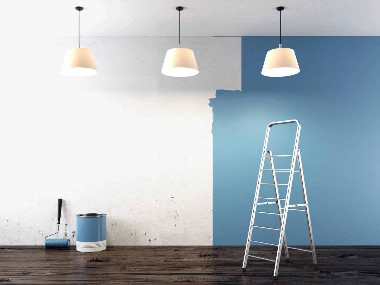 A ladder in front of three hanging lights.