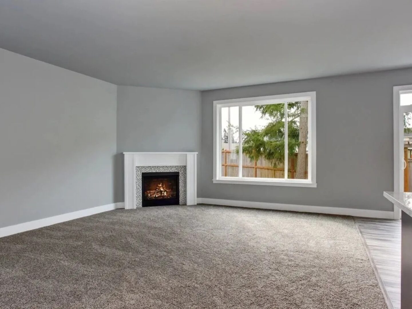 A living room with a fireplace and carpet